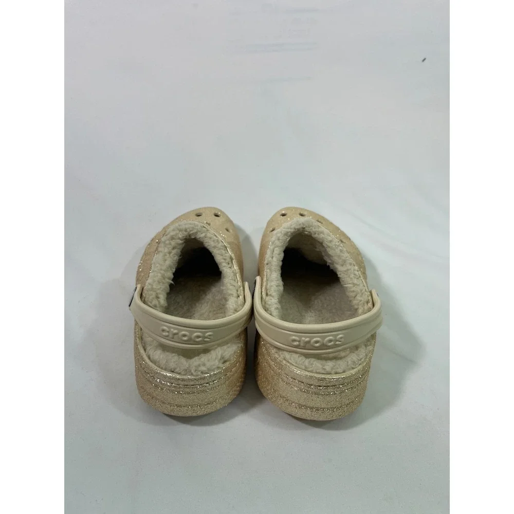 Kids Crocs Glitter Lined Faux Fur‎ Clogs Sparkle Cozy Gold/Cream Size J3